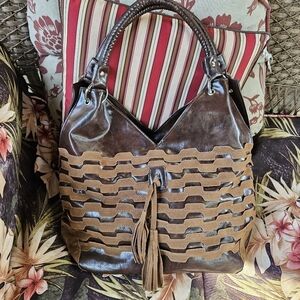 Brown with Accented Suede Faux Leather Shoulder Bag